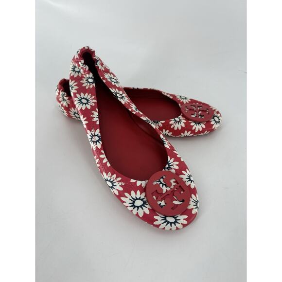 Tory Burch Minnie Travel Flats Womens 9M Red White Ballet Floral Leather Slip On - Picture 1 of 11